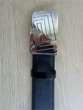 Versace Black Leather Belt with Silver Engraved Buckle